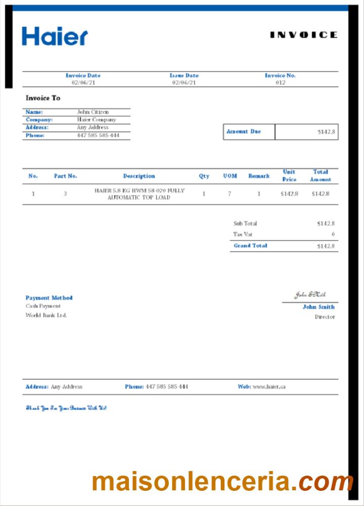 USA Haier faktura słowo i PDF szablon
